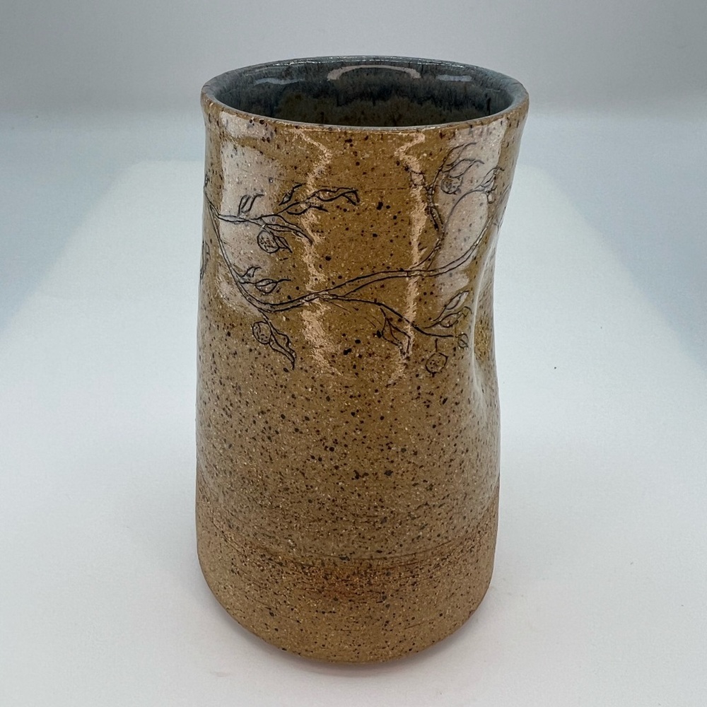 Folk Art Sandstone Pottery Vase “One Day At A Time” Fauna Print Artist Signed